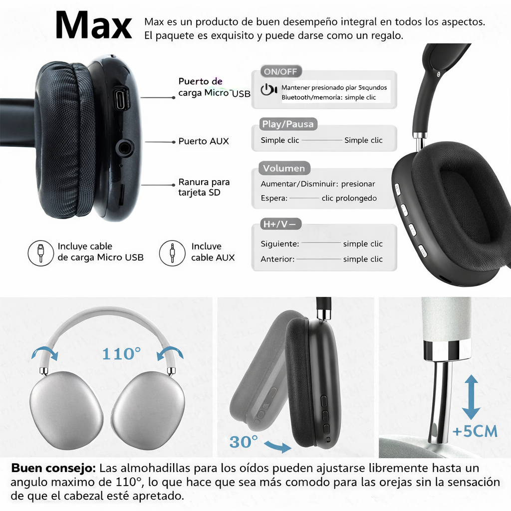 Audífonos Bluetooth P9 Plus Max – Negro